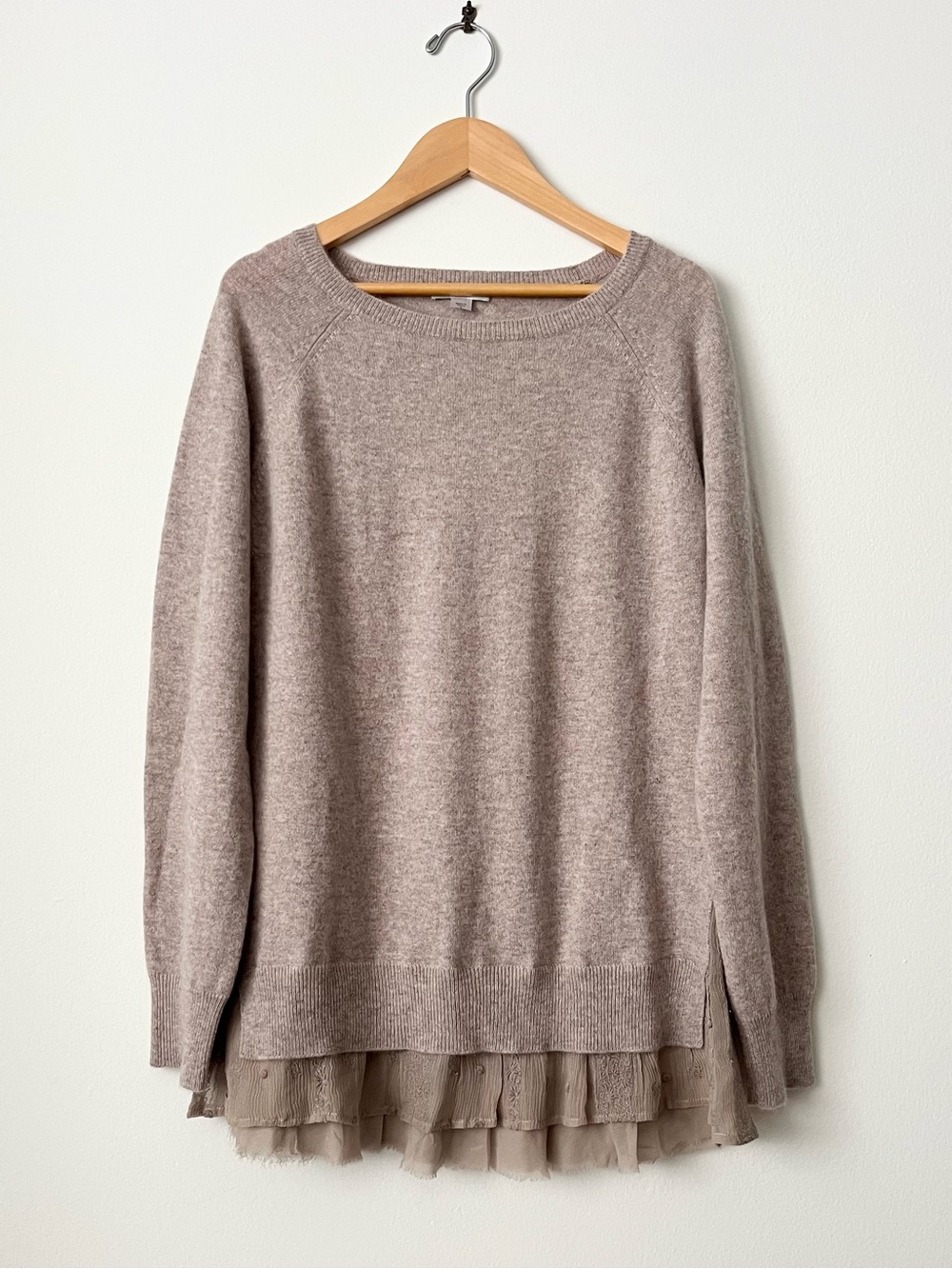 NWOT Women's Garnet Hill Shirttail Cashmere Sweater Size S Brown Oatmeal Lace
